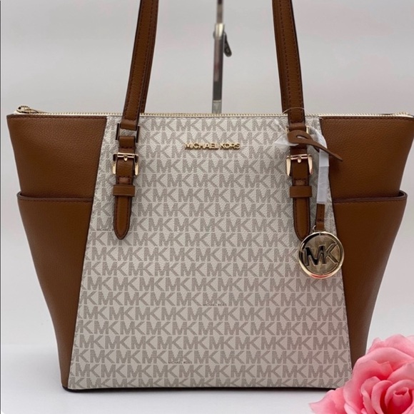 MICHAEL KORS Charlotte LG Tote Brown/Vanilla T.zip - Picture 3 of 13